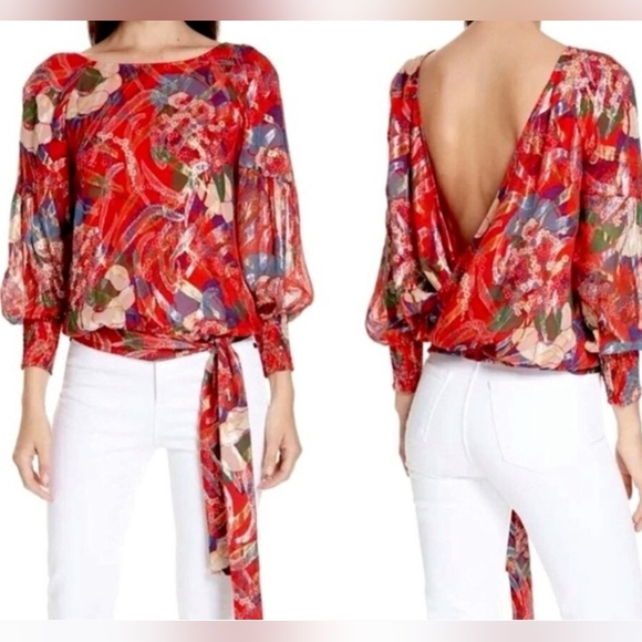 BA&SH Silk Metallic Red July Open Back Tie Top - Picture 1 of 12